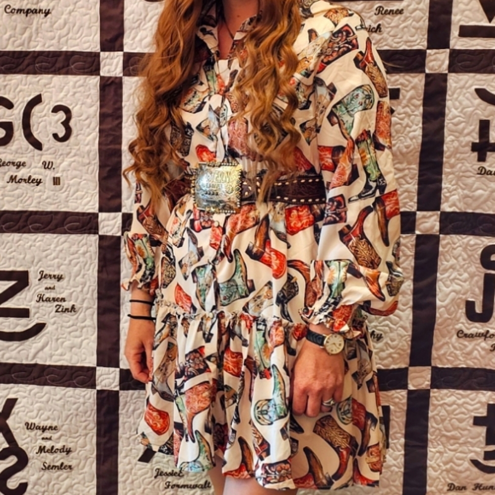 Women’s Cream Boot-Print Long Sleeve Dress